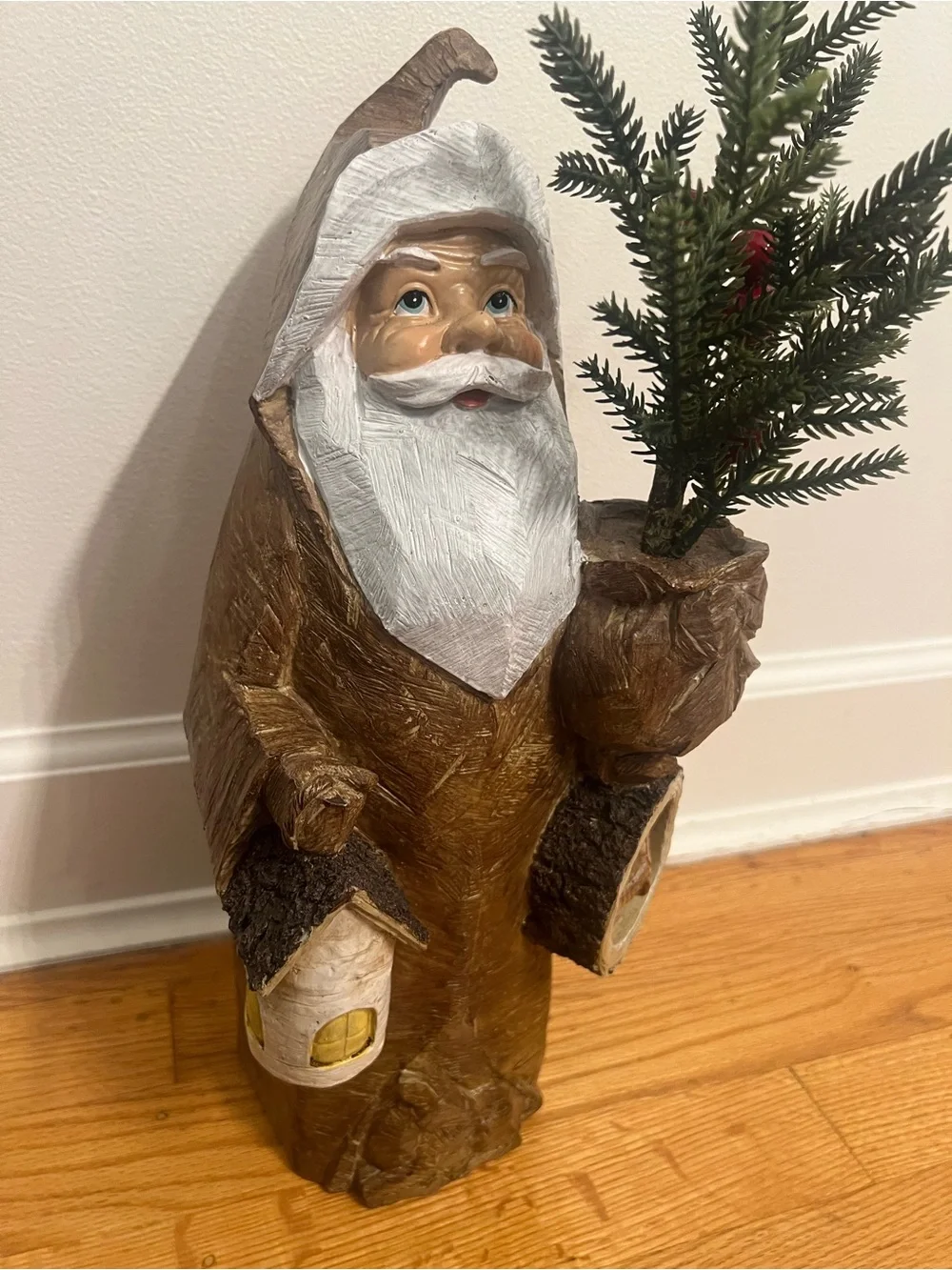 Rustic Brown Santa Figure Holiday Decor with Green Tree & owl